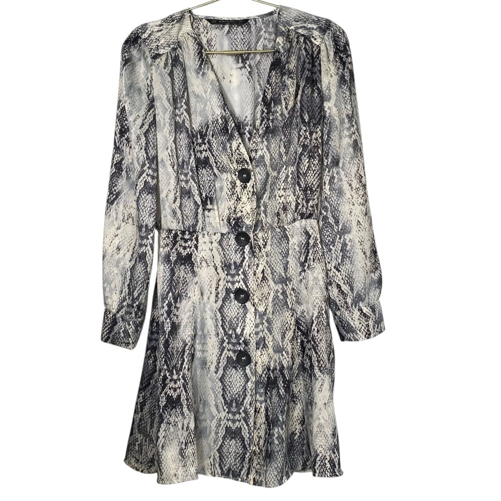 Zara Basic Snake Print Button Down Mini‎ Dress Long Sleeve XS 585